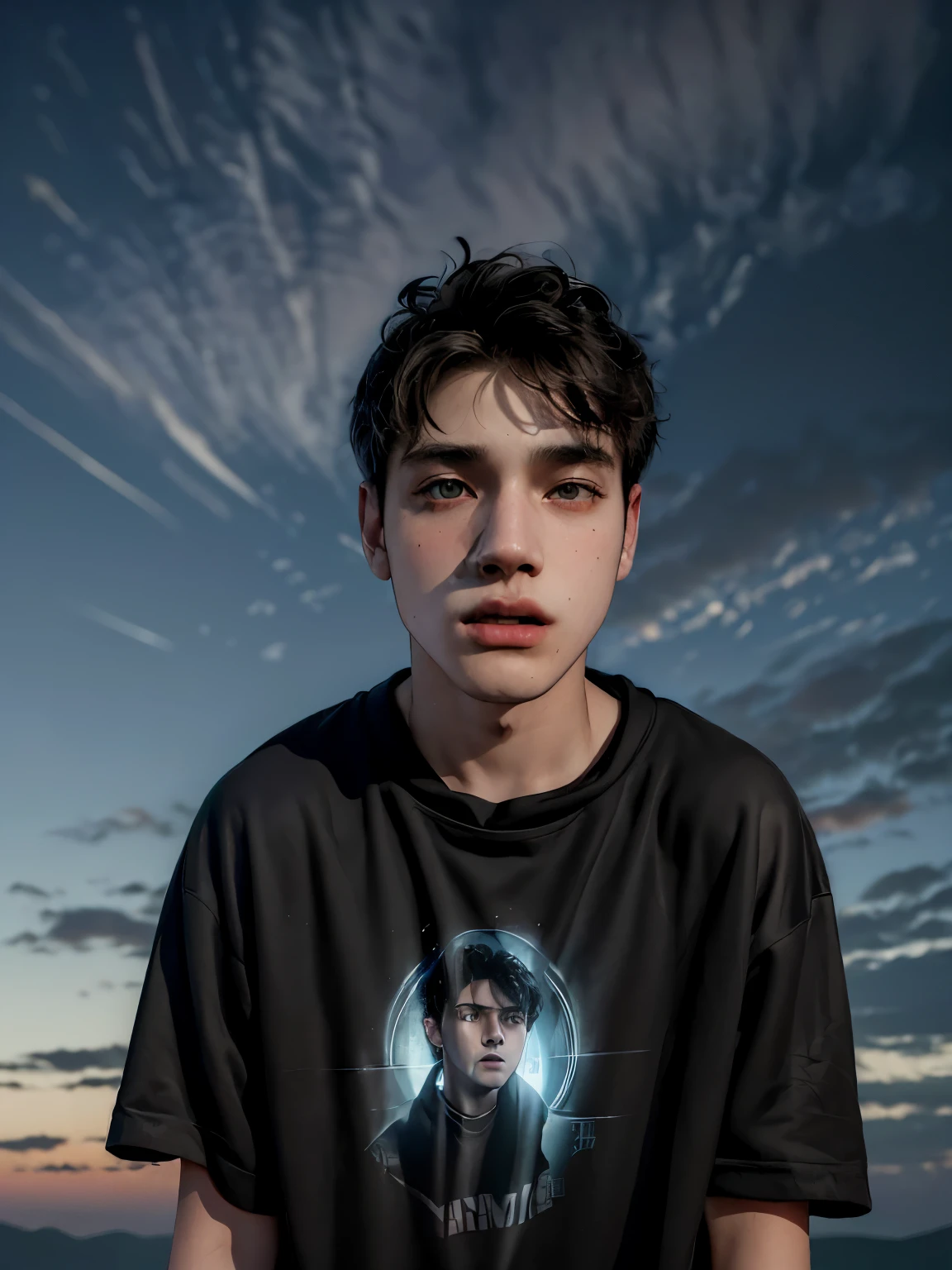 (masterpiece:1.2), (best quality:1.2), hyper realistic,highestres,absurdres,extremely detailed,volumetic,dramatic lighting,(frontal view),
20 year old boy,face,detailed eyes, flat black hoodie, black t-shirt, with background ((sky))