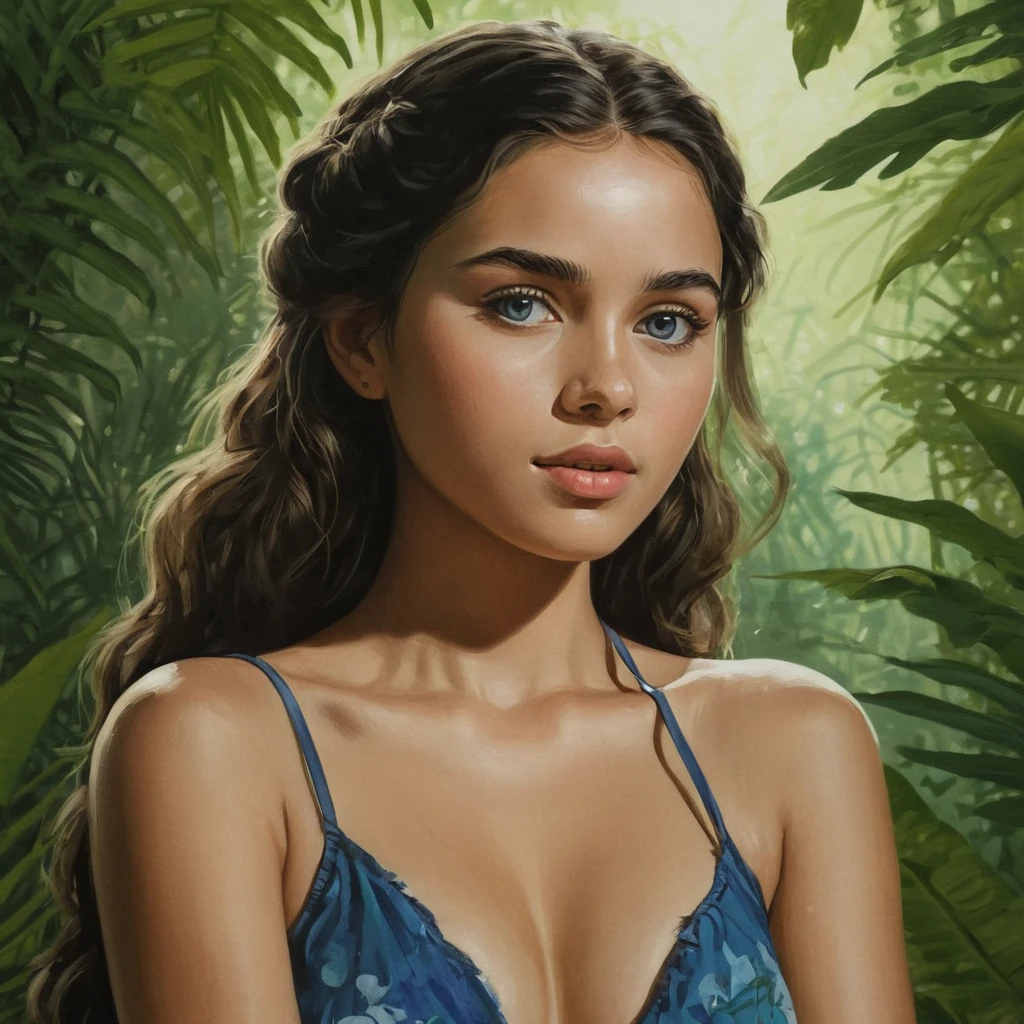 An illustrated movie poster, hand-drawn, full color, a beautiful cute female , 24 years-old, ,she wears a brown village clothes ,light  brown skin, long blackhairs laying on her chest , deep blue eyes,narrow sexy nose,thick bushy eyebrows, , posing in a tropical rainforest, hard shadows, graphite shading, stencil markings, airbrushed acrylic paint, masterpiece, she looks new to a place 