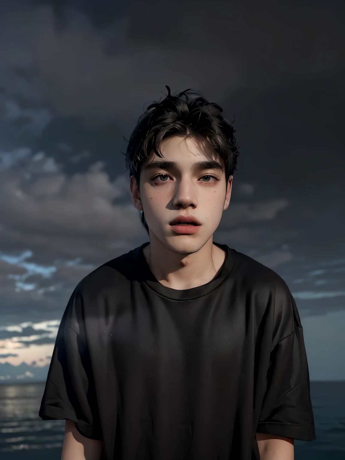 (masterpiece:1.2), (best quality:1.2), hyper realistic,highestres,absurdres,extremely detailed,volumetic,dramatic lighting,(frontal view),
20 year old boy,face,detailed eyes, flat black hoodie, black t-shirt, with background ((sky))