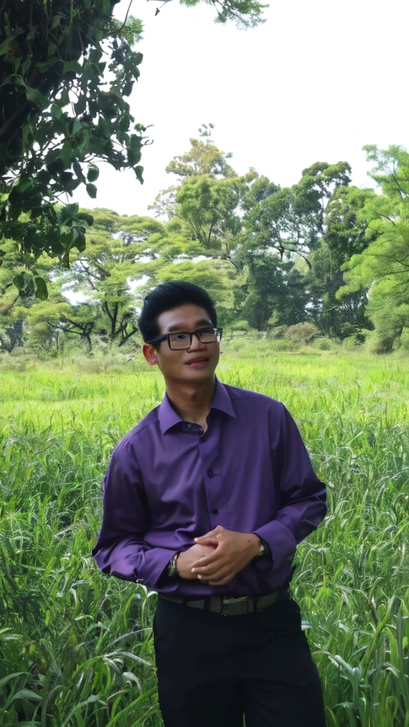 man with glasses in a purple shirt standing in a field of tall grass, in front of a forest background, nivanh chanthara, ramil sunga, mohamed chahin, in a large grassy green field, assamese aesthetic, in a open green field, in a field, nuttavut baiphowongse, portait image