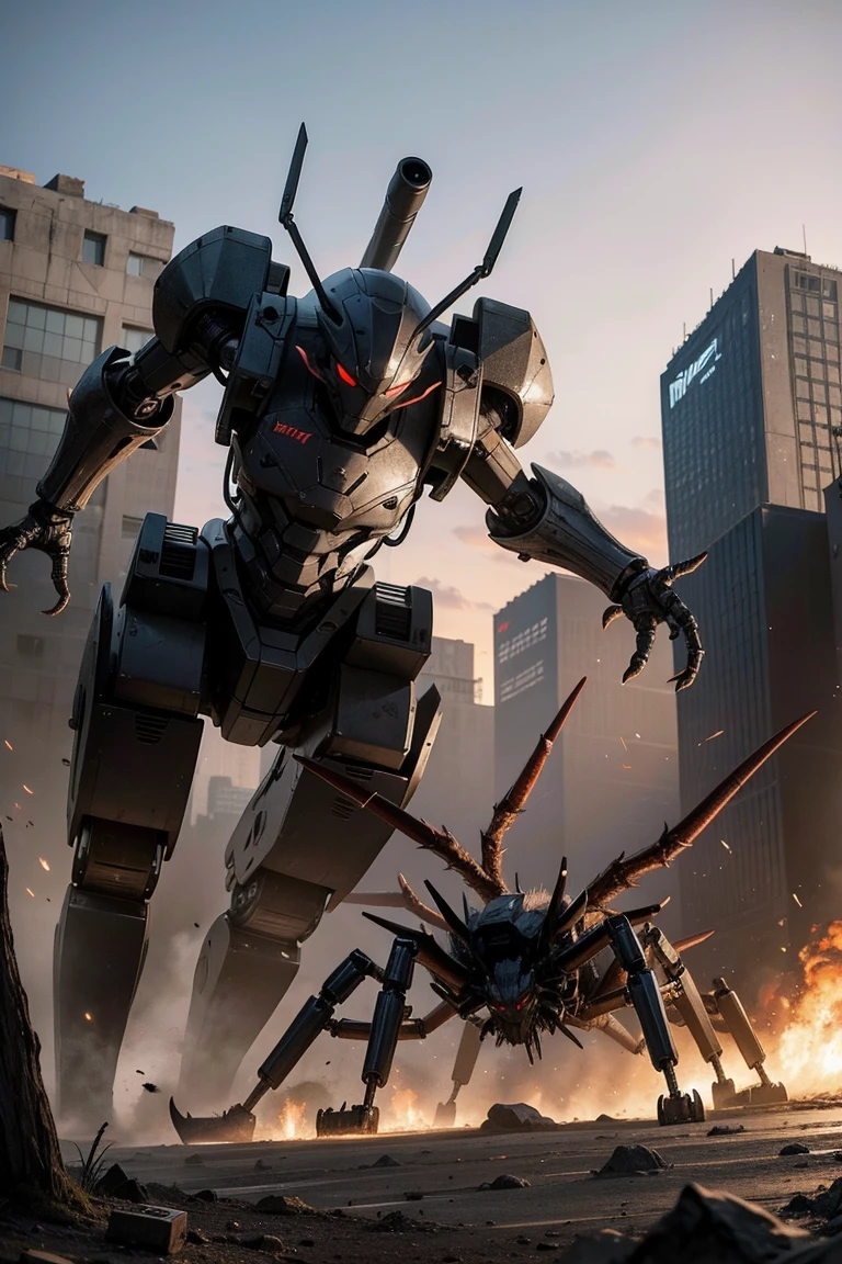 A giant robotic dragon fighting a robotic spider in a post-apocalyptic wasteland. --ar 16:9 --s 1250 --uplight --q 2
