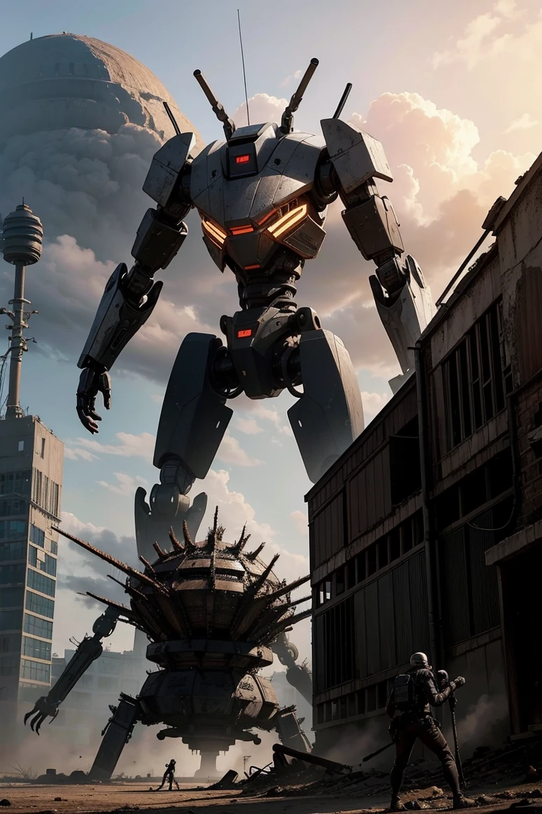 A giant robotic dragon fighting a robotic spider in a post-apocalyptic wasteland. --ar 16:9 --s 1250 --uplight --q 2