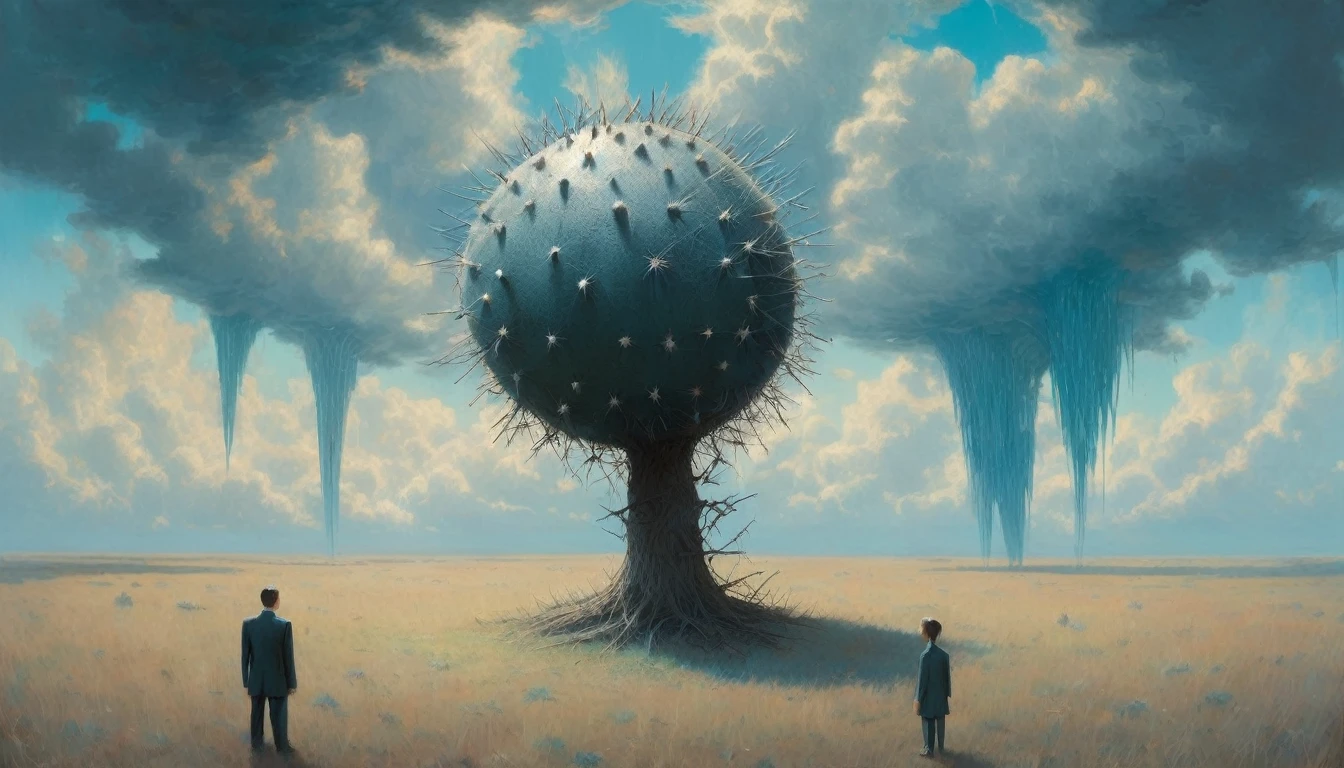 Big iron ball and iron tree,A man in a suit is tied to a cross, Toothpicks stuck all over her body, Like a hedgehog, with a look of anguish,Spooky forest,Abandoned Shelter,Creepy Doll,Sinister Shadow,Demonic possession,Blue sky and white clouds,Thunder and Lightning,ice, Shaun Tan Style