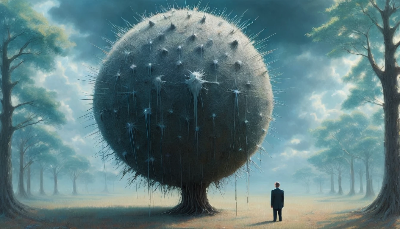 Big iron ball and iron tree,A man in a suit is tied to a cross, Toothpicks stuck all over her body, Like a hedgehog, with a look of anguish,Spooky forest,Abandoned Shelter,Creepy Doll,Sinister Shadow,Demonic possession,Blue sky and white clouds,Thunder and Lightning,ice, Shaun Tan Style