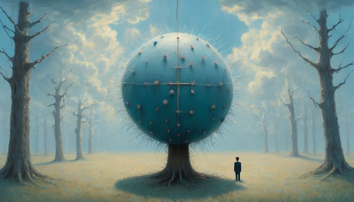 Big iron ball and iron tree,A man in a suit is tied to a cross, Toothpicks stuck all over her body, Like a hedgehog, with a look of anguish,Spooky forest,Abandoned Shelter,Creepy Doll,Sinister Shadow,Demonic possession,Blue sky and white clouds,Thunder and Lightning,ice, Shaun Tan Style
