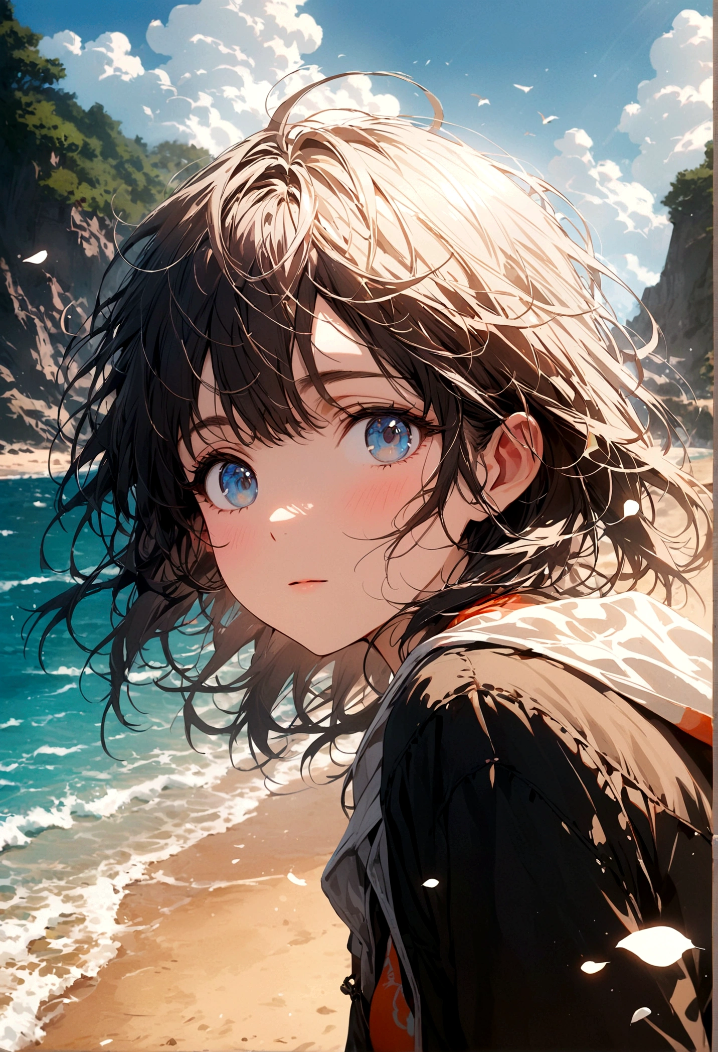 A young man with dark hair and blue eyes and a girl with white hair rode on the beach during the daytime.
