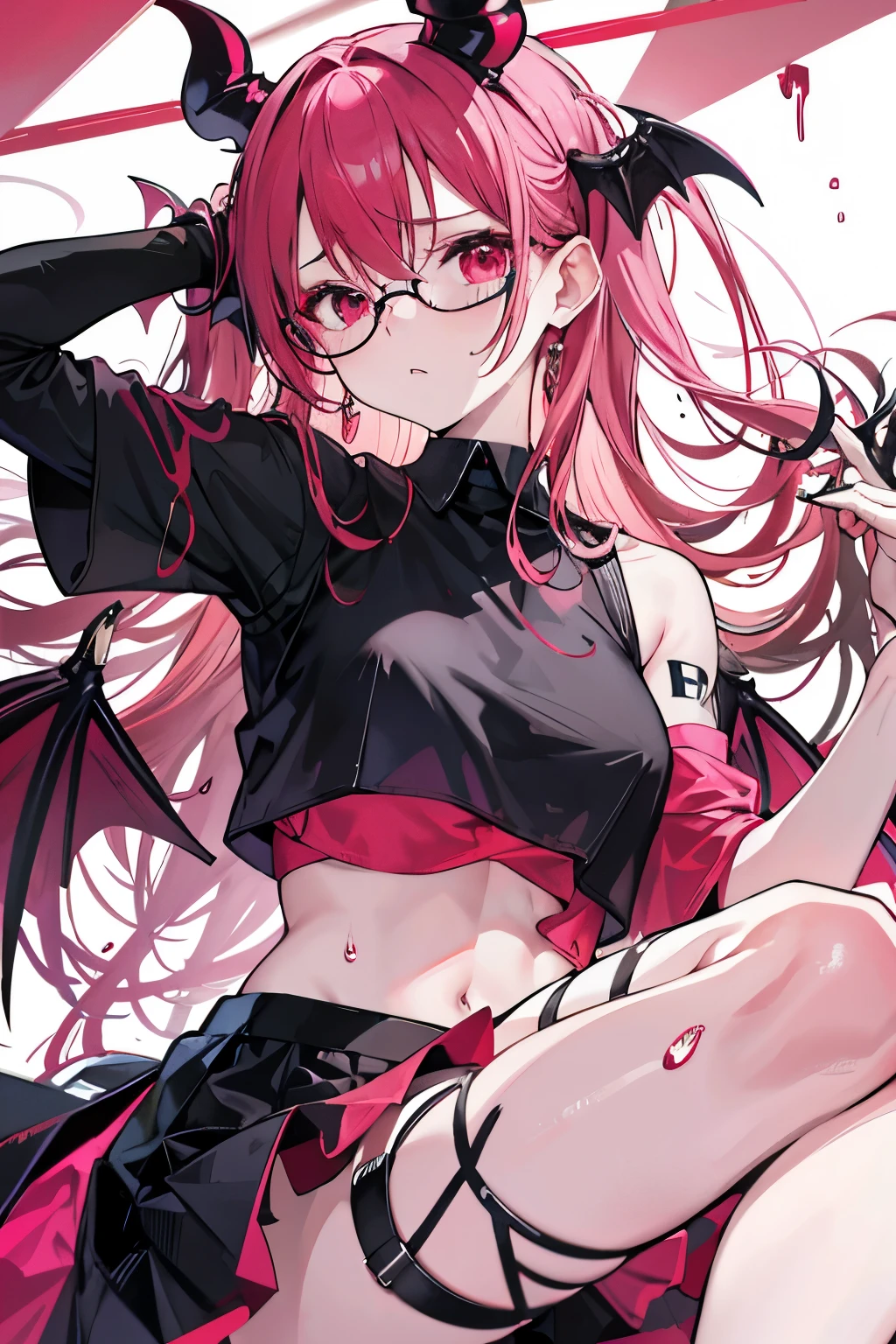 underdressing,Expression of disgust,Expression of disgust,Red Eyes,Sweat,Soaked,liquid,transparent,Cropped tops,succubus,pink,stocking,grid,Glasses,knee