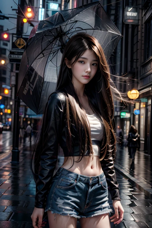 best quality,ultra-detailed,realistic,long hair,girl,raining,street view,portraits,photography,vivid colors,wet pavement,umbrella,city lights,reflections,cityscape,sidewalk,neon lights,traffic,night scene,lonely,serene,urban,atmospheric,bokeh,soft focus,high contrast,damp,cobblestone,characteristic buildings,umbrella reflection,emotion,captivating,inspiring,poetic,fleeting moment,romantic,artist's perspective,instantaneous,fast-paced,chaotic,dynamic,dramatic lighting,shadows and highlights