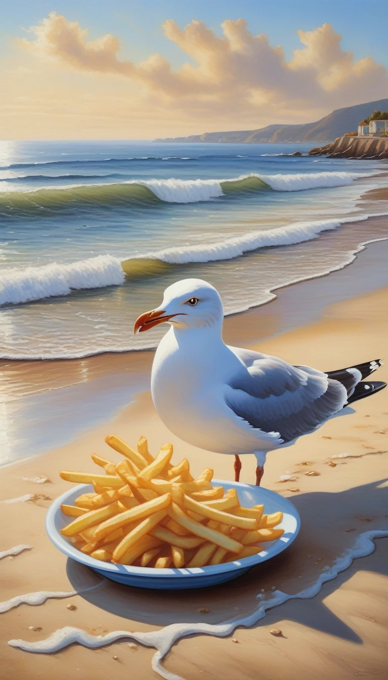 beautiful seagull eating french fries, a calm seaside scene, detailed realistic painting, photorealistic, high quality, intricate details, soft natural lighting, dramatic shadows, vibrant colors, oil painting texture, beautiful ocean waves, sandy beach, peaceful atmosphere