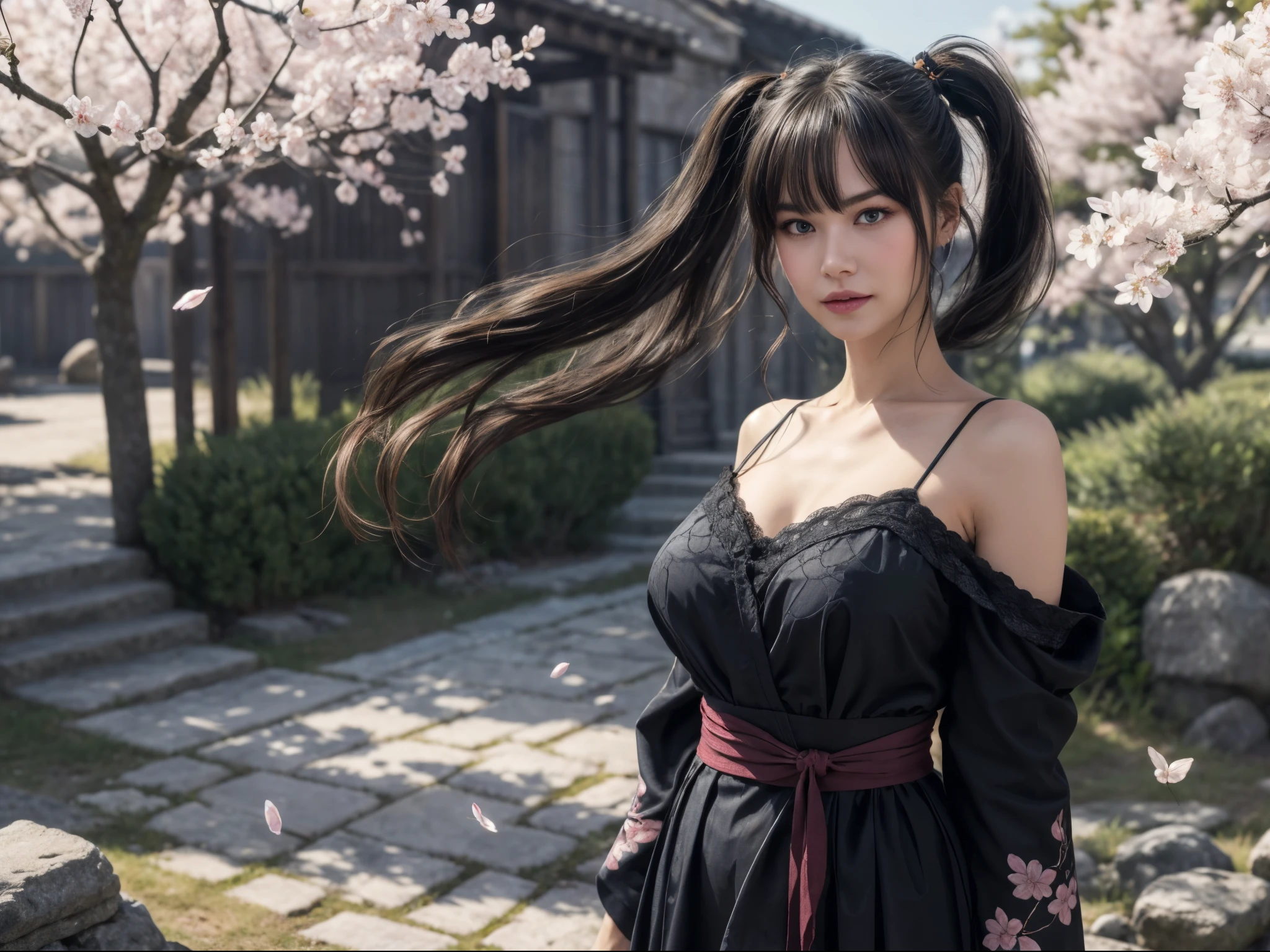 1girl, black lace greek kimono dress, bare shoulder, detailed face, looking at viewer, dry hair, very long loose hair, bangs, short twintails, delicate obi, steel plate trimmed thigh high, cobblestone path, (masterpiece, raw photo, high quality, photorealistic), dynamic particles effect, cinematic lighting, (lens flare:0.6), ray tracing, fantasy, cherry blossom, black hair, gentle windswept, fluttering petals, gigantic breast,