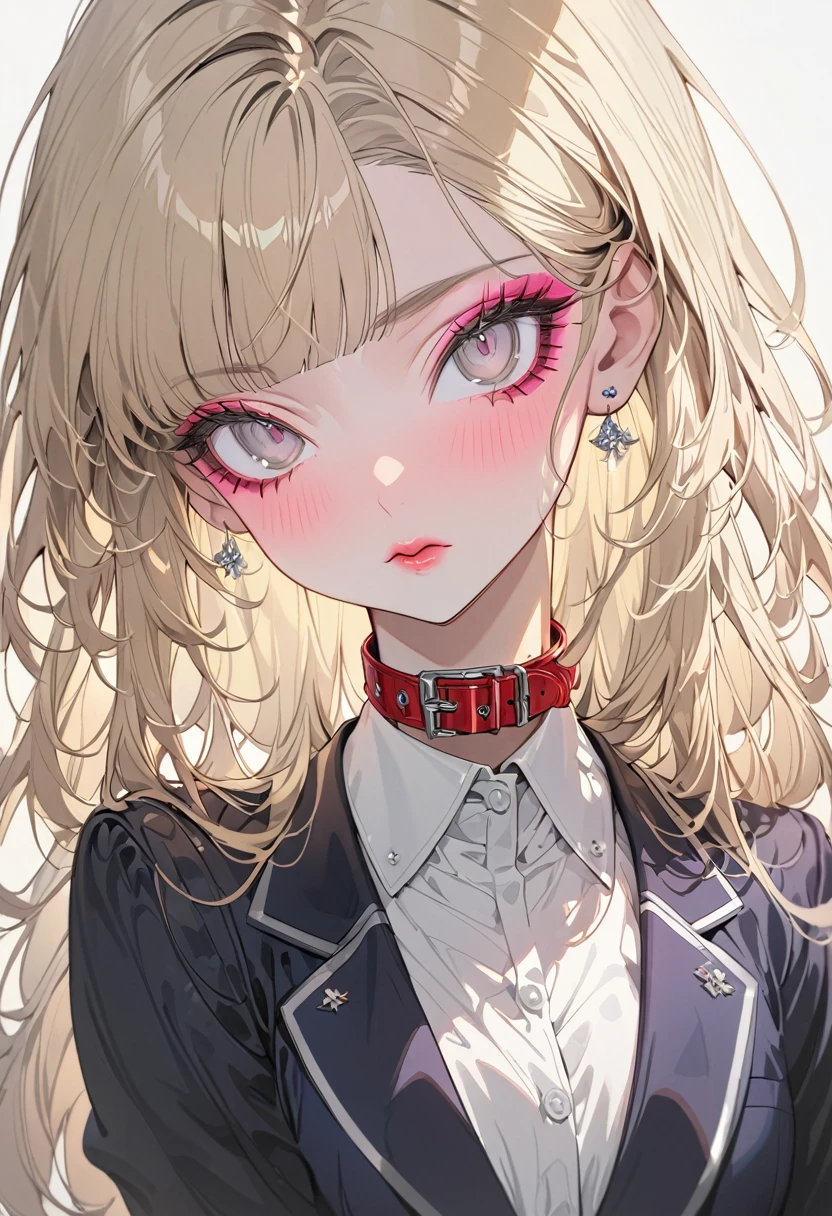 (Highest quality,Super detailed,High resolution:1.2),beautiful woman with perfect face,very_Long eyelashes, Detailed lips, Cool look, Soft Skin, Shiny Hair,Exquisite makeup,Heavy bangs,Dilated grey eyes,Long straight blonde hair with pink tips,Student uniform、Navy blazer over a white shirt、Ribbon at collar