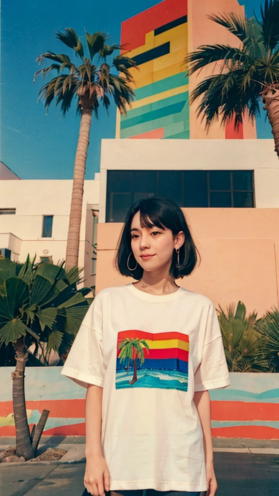 ((long shot photography)) ((best quality)), ((masterpiece)), (detailed),1 girl,smilie,real Polaroid photo, beautiful, detail face light leak,dark intens shadow black bob hair, almond eye, no makeup, white tshirt, ((oversize_tshirt)), peach color skirt, in front of ((80's mondrian architecture colorful motel)),(from below:1.2), (realistic:1.1), (surreal:1.2), (very detailed:1.1), ((masterpiece)),(sharp focus), ((real palm trees)),summer, blue sky,,sunny, los angles vibes