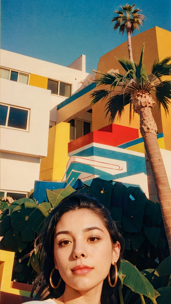 ((long shot photography)) ((best quality)), ((masterpiece)), (detailed),1 girl,smilie,real Polaroid photo, beautiful, detail face light leak,dark intens shadow black bob hair, almond eye, no makeup, white tshirt, ((oversize_tshirt)), peach color skirt, in front of ((80's mondrian architecture colorful motel)),(from below:1.2), (realistic:1.1), (surreal:1.2), (very detailed:1.1), ((masterpiece)),(sharp focus), ((real palm trees)),summer, blue sky,,sunny, los angles vibes