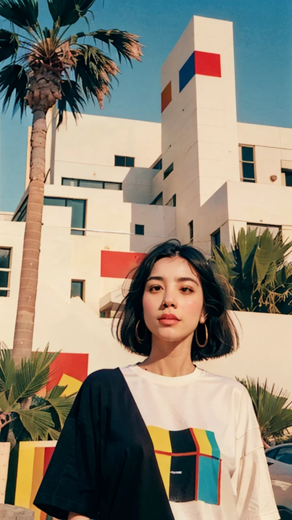 ((long shot photography)) ((best quality)), ((masterpiece)), (detailed),1 girl,smilie,real Polaroid photo, beautiful, detail face light leak,dark intens shadow black bob hair, almond eye, no makeup, white tshirt, ((oversize_tshirt)), peach color skirt, in front of ((80's mondrian architecture colorful motel)),(from below:1.2), (realistic:1.1), (surreal:1.2), (very detailed:1.1), ((masterpiece)),(sharp focus), ((real palm trees)),summer, blue sky,,sunny, los angles vibes