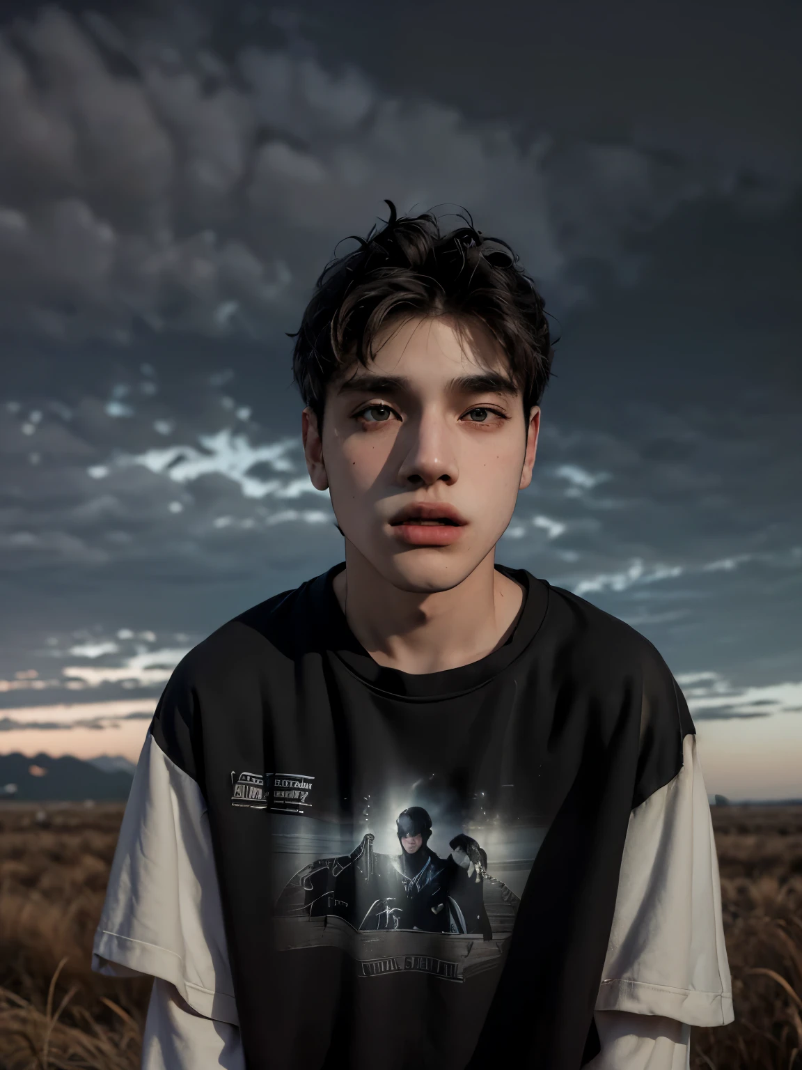 (masterpiece:1.2), (best quality:1.2), hyper realistic,highestres,absurdres,extremely detailed,volumetic,dramatic lighting,(frontal view),
20 year old boy,face,detailed eyes, flat black hoodie, black t-shirt, with background ((sky))