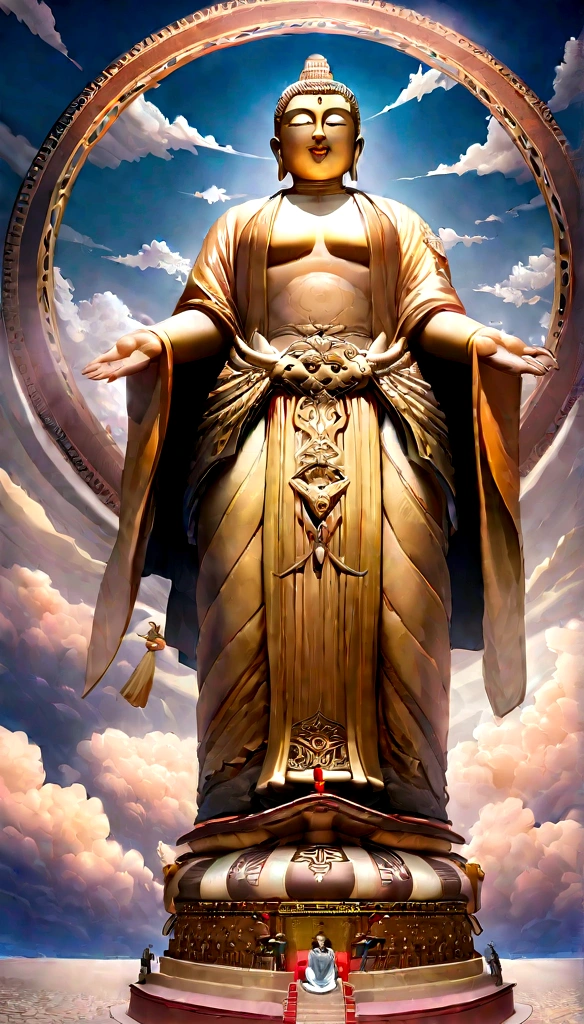 ((masterpiece)),(最high quality)),Chinese style,In the sky, The clouds form a giant transparent and shining white jade Maitreya Buddha statue,Thick Clouds,The sun shines,Pilgrims' Path,Surreal,Ultra-photorealism,pink,8k,High resolution,high quality,Masterpieces,Ultra-fine,The only Buddha statue