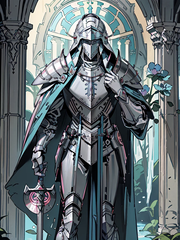 (Flat color:1.1),(Colorful:1.3),(Masterpiece:1.2), tarot: healer, Best quality, Masterpiece, Original, 1 male, ((metal helmet)), pale blue cape, pink and blue light, silver skin, stern, ((wide brim hat)), ((cleric robes)), (holding war mace), Full body photo of men，((gray armor)), Very detailed wallpaper, Solo，(underwater scenery)，tarot card layout，Best quality, Masterpiece, (Realistic:0.6), Realistic lighting, Flower frame， Decorative panels， abstract artistic， Alphonse Mucha （masterpiece， best quality， A high resolution： 1.4）， A detailed， Complicated details， 4K，cerulean， Line art， Fibonacci, cape, bald, stone, expressionless, robotic, 