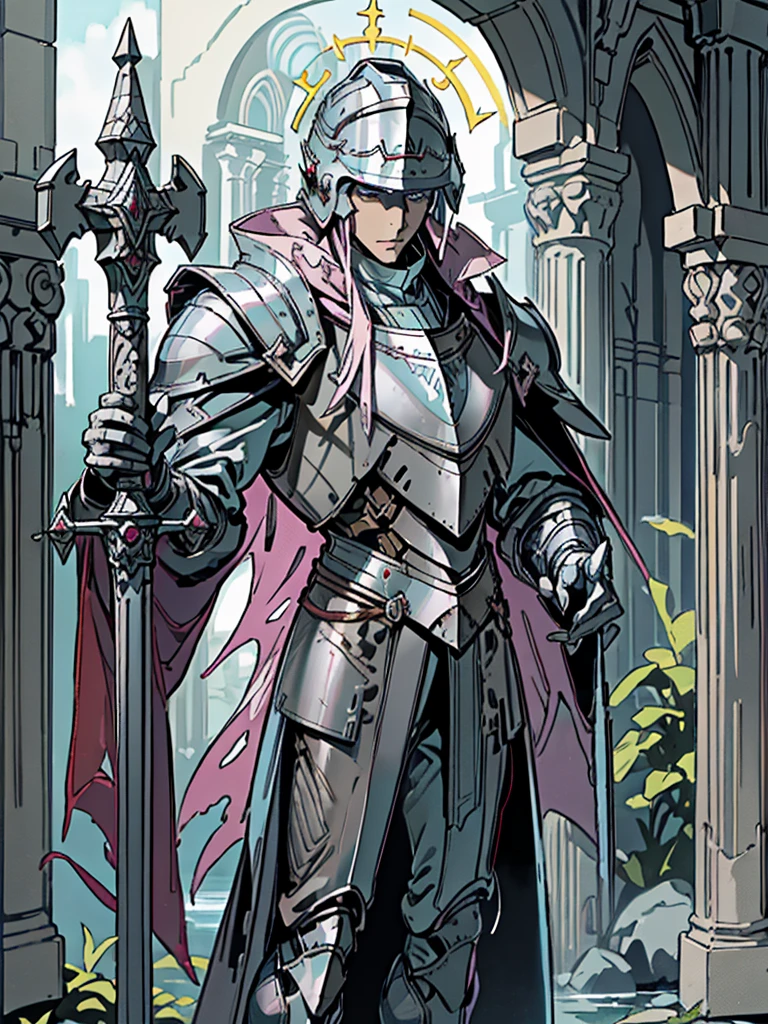 (Flat color:1.1),(Colorful:1.3),(Masterpiece:1.2), tarot: healer, Best quality, Masterpiece, Original, 1 male, ((metal helmet)), pale blue cape, pink and blue light, silver skin, stern, ((wide brim hat)), ((cleric robes)), (holding war mace), Full body photo of men，((gray armor)), Very detailed wallpaper, Solo，(underwater scenery)，tarot card layout，Best quality, Masterpiece, (Realistic:0.6), Realistic lighting, Flower frame， Decorative panels， abstract artistic， Alphonse Mucha （masterpiece， best quality， A high resolution： 1.4）， A detailed， Complicated details， 4K，cerulean， Line art， Fibonacci, cape, bald, stone, expressionless, robotic, 