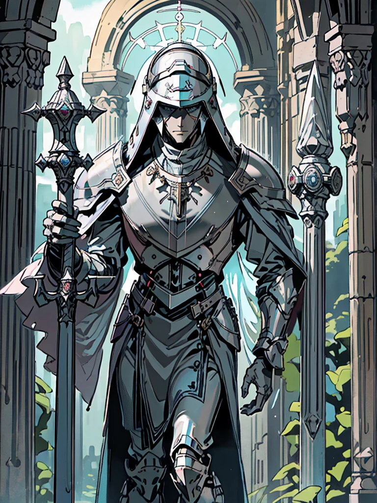 (Flat color:1.1),(Colorful:1.3),(Masterpiece:1.2), tarot: healer, Best quality, Masterpiece, Original, 1 male, ((metal helmet)), pale blue cape, pink and blue light, silver skin, stern, ((wide brim hat)), ((cleric robes)), (holding war mace), Full body photo of men，((gray armor)), Very detailed wallpaper, Solo，(underwater scenery)，tarot card layout，Best quality, Masterpiece, (Realistic:0.6), Realistic lighting, Flower frame， Decorative panels， abstract artistic， Alphonse Mucha （masterpiece， best quality， A high resolution： 1.4）， A detailed， Complicated details， 4K，cerulean， Line art， Fibonacci, cape, bald, stone, expressionless, robotic, 