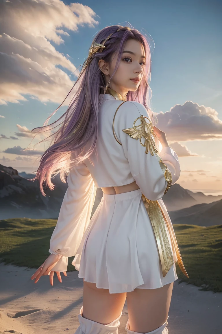 ((masterpiece, best quality, extremely detailed), volumetric lighting, ambient occlusion, colorful, glowing), 
1girl, solo, young girl, (purple hair), long hair, halo, aura, sacred, goddess, cleric suit, (white outfit with gold detailst:1.3), angel wings,
outdoors, sunset, sky, clouds, space, (fantasy theme:1.2),