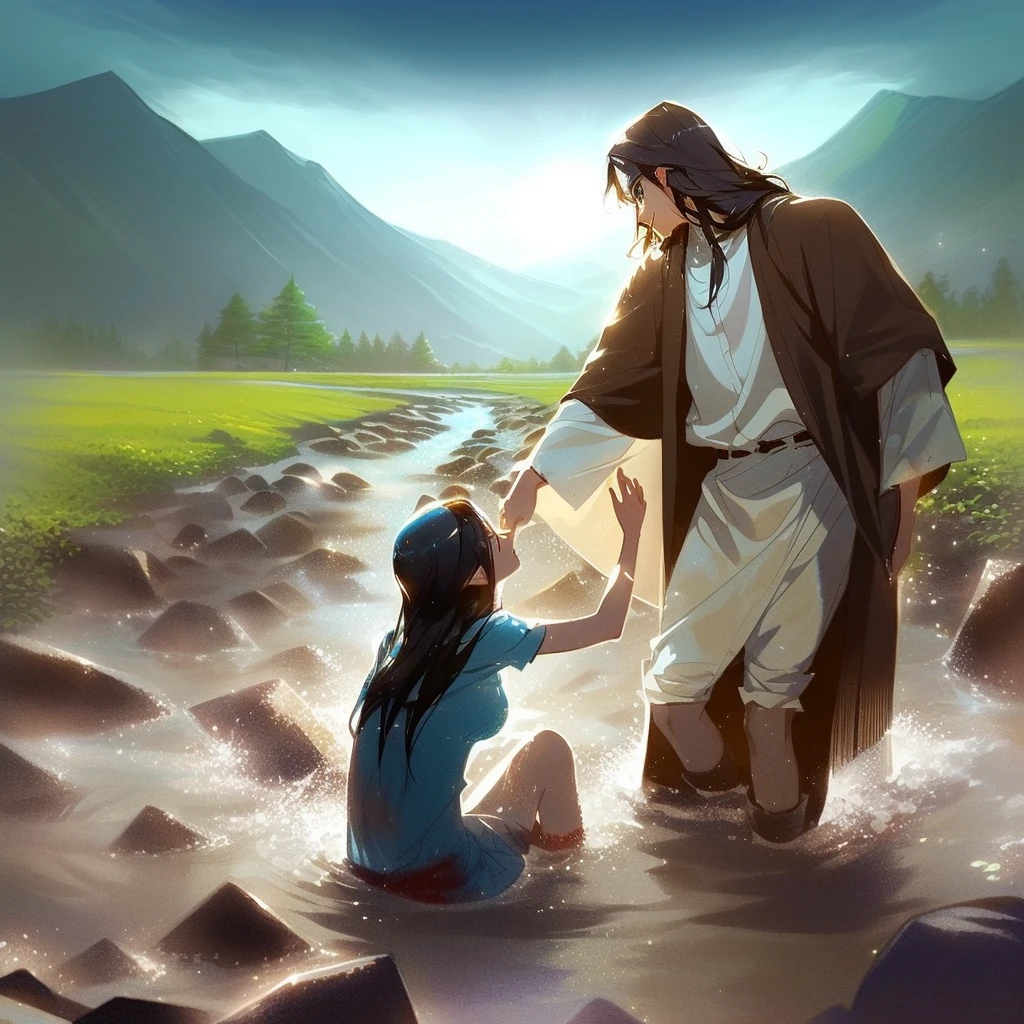 Jesus washes a woman in a river with a mountain in the background, most beautiful picture of all time, beautiful illustration, Crossing the river, Jesus walks on water, very nice photo, greg olsen, absolut herausragendes Bild, inspired von Mark Keathley, von Mark Keathley, Bibel-Illustration, Jesus umarmt eine Frau, erstaunliche Tiefe, very beautiful masterpiece, unglaubliche Kunst