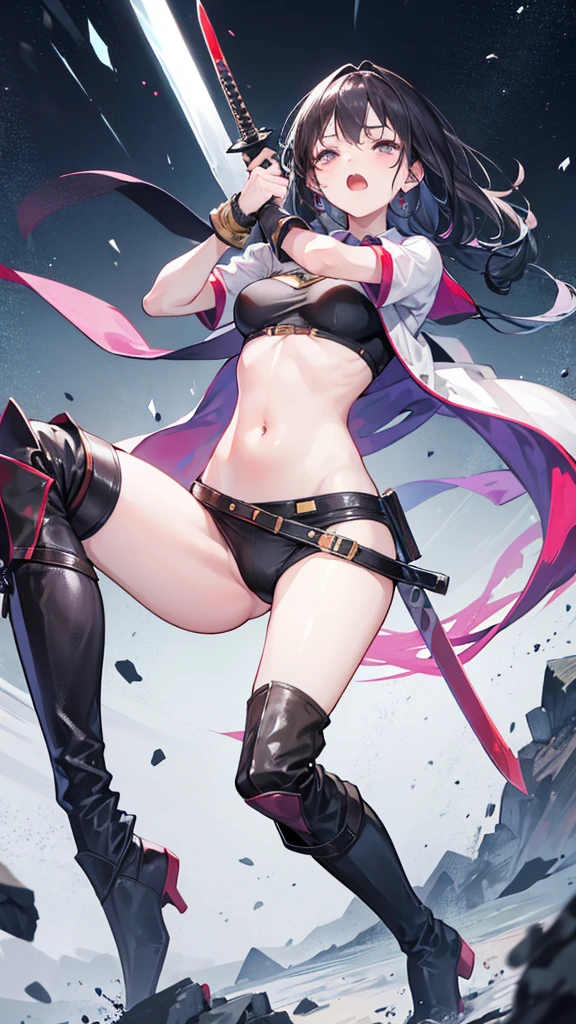Girl, Navel exposed, Thin legs, Wear calf-length socks and boots, Holding a sword,Being attacked by an enemy, Close your eyes and scream
