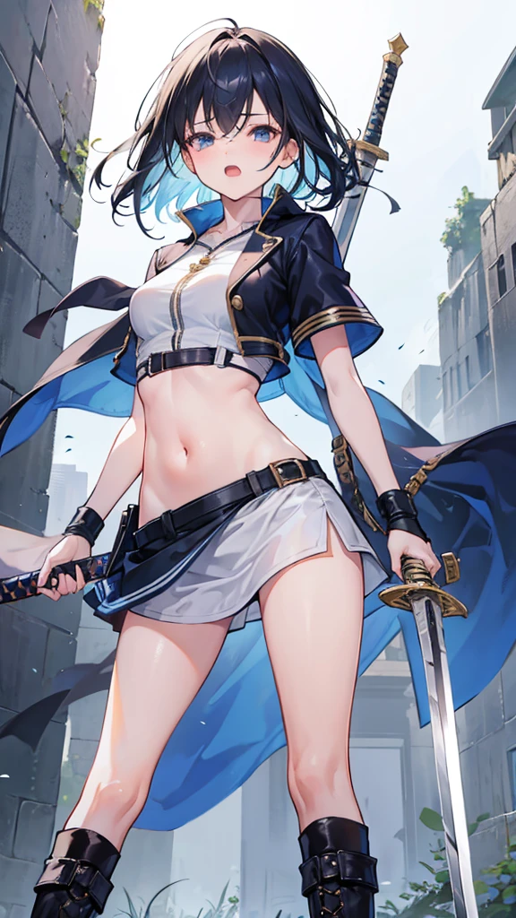 1 girl, black hair, straight hair, blue eyes, small eyes, turime, mature face, see-through, big breasts, cameltoe, no panties, blurry background, blushed, pepperoni nipples, erect nipples, dancing, areola slip, look down, ((dragon horn)), sword, flame, shadow, ashes, armor, dawn, micro mini skirt, lake