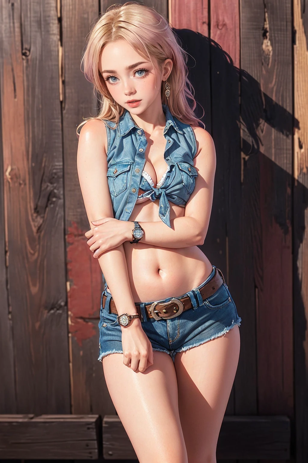 (((1 person:2.0))),(((Cowgirl Costume))),(((Slim Body 1.5))),(((Small Ass))),(((Denim mini skirt))),(((Wearing one belt))),(((He is wearing a sleeveless collared shirt, Plaid, Front tie shirt.))),(((Wearing a watch))),(((Sandals))),(((Showing cleavage))),(((Showing your belly button))),(((Exposing thighs))),(((Small breasts:1.5))),(((Bare arms))),(((Her hair is blonde))),Beautiful detailed girl, Very detailed目と顔, 緻密でBeautiful Eyes, Very detailed, High resolution, Highest quality, masterpiece, Very detailed, 8k wallpaper, wonderful, finely, Highest quality, The light shines on your face,(((underground:1.5))),((In front of a dark wooden wall:1.5)),Beautiful Eyes,(((Blushed:1.8))),(((Cowboy Shot:1.5))),(((Open your mouth:0.9))