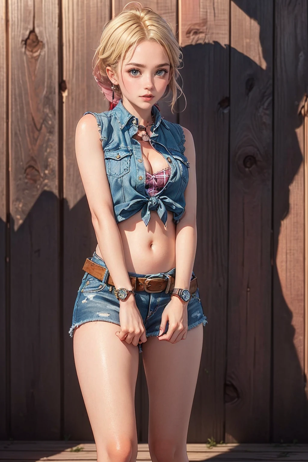 (((1 person:2.0))),(((Cowgirl Costume))),(((Slim Body 1.5))),(((Small Ass))),(((Denim mini skirt))),(((Wearing one belt))),(((He is wearing a sleeveless collared shirt, Plaid, Front tie shirt.))),(((Wearing a watch))),(((Sandals))),(((Showing cleavage))),(((Showing your belly button))),(((Exposing thighs))),(((Small breasts:1.5))),(((Bare arms))),(((Her hair is blonde))),Beautiful detailed girl, Very detailed目と顔, 緻密でBeautiful Eyes, Very detailed, High resolution, Highest quality, masterpiece, Very detailed, 8k wallpaper, wonderful, finely, Highest quality, The light shines on your face,(((underground:1.5))),((In front of a dark wooden wall:1.5)),Beautiful Eyes,(((Blushed:1.8))),(((Cowboy Shot:1.5))),(((Open your mouth:0.9))