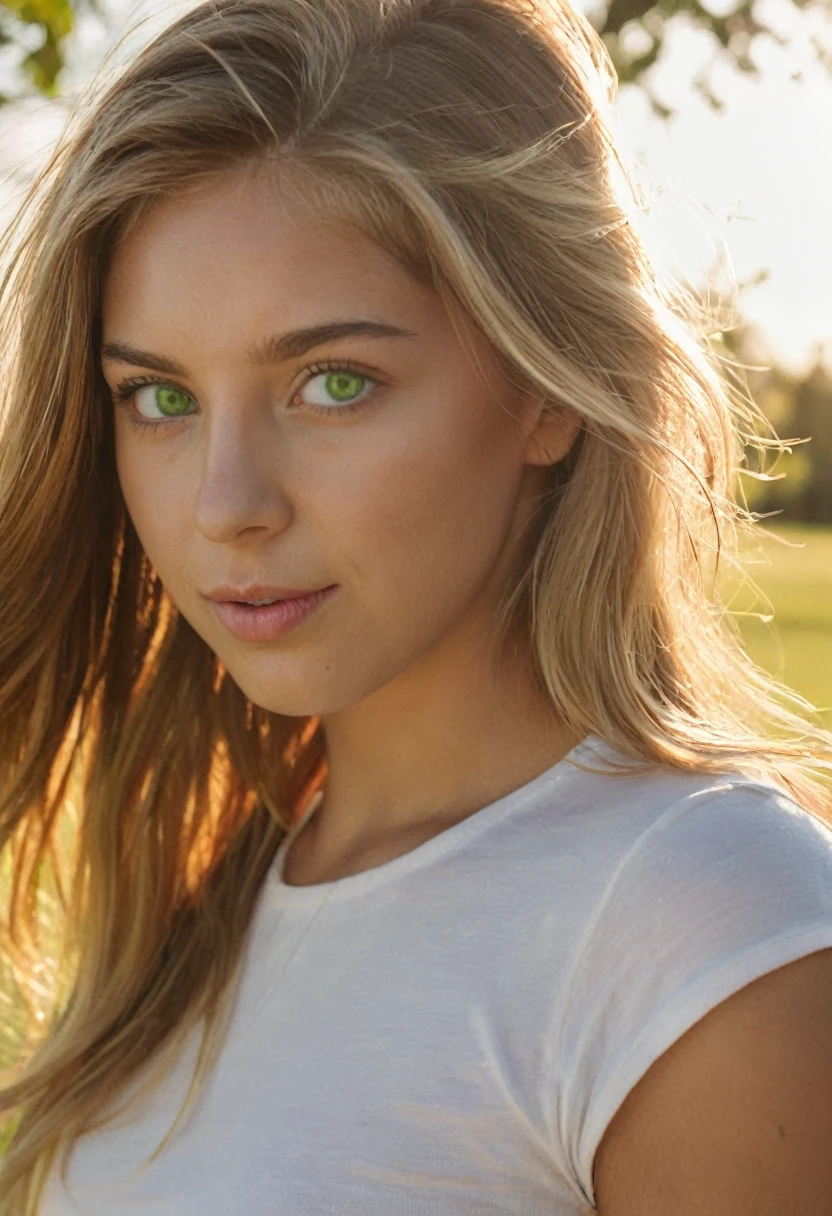 A photorealistic portrait of a 25-year-old colombian girl with long, flowing blond hair and striking green eyes. She should have a natural, approachable expression and be illuminated by soft, golden-hour sunlight. The background should be a scenic outdoor setting, perhaps a sunlit park or beach. Capture this image with a high-resolution photograph using an 85mm lens for a flattering perspective.detailed, emplacement de discothèque finement détaillé, grain de film, HD, 8k, volumetric lighting, Clair-obscur, nuance, (texture de peau), cinematic portrait photography, Dimly lit, couleurs fraîches, hair backlighting, Ear backlight, volumetric lighting, Kodachrome, 8k, grain de film, yeux parfaits, perfect students, yeux expressifs, mains par Albrecht Dürer, smoke, effets de particules, brume, Brouillard