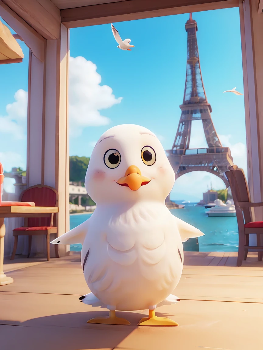 ((Seagull)), (french fries), Seagullがおふざけをしてfrench friesを狙っている様子を表現し、Create a colorful and fun atmosphere。
