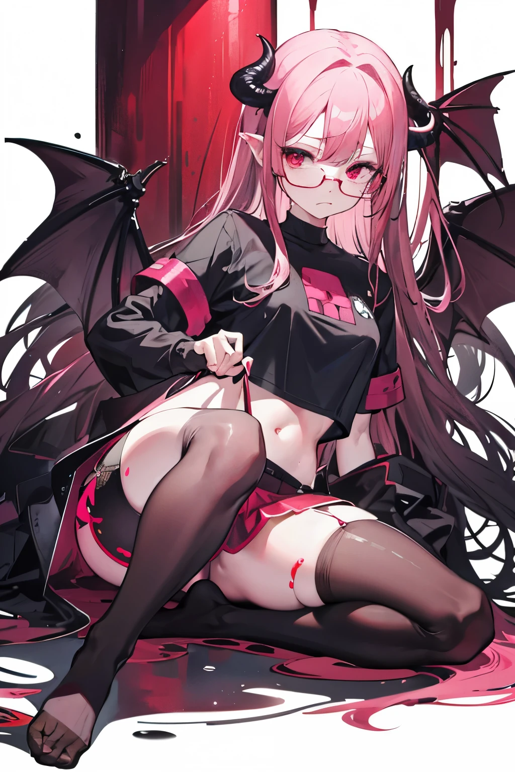 underdressing，Expression of disgust，Expression of disgust，Red Eyes，Sweat，Soaked，liquid，transparent，Cropped tops，succubus，pink，stocking，grid，Glasses，knee