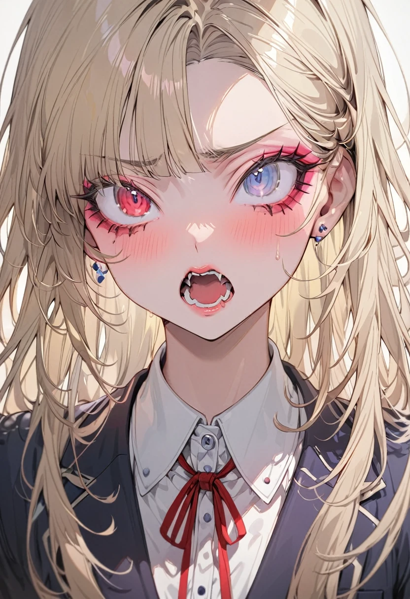 (Highest quality,Super detailed,High resolution:1.2),beautiful woman with perfect face,very_Long eyelashes, Detailed lips, Cool look, Soft Skin, Shiny Hair,Exquisite makeup,Heavy bangs，Screaming，Dilated grey eyes，Long straight blonde hair with pink tips，Student uniform、Navy blazer over a white shirt、Ribbon at collar，heterochromia, red eyes, blue eyes