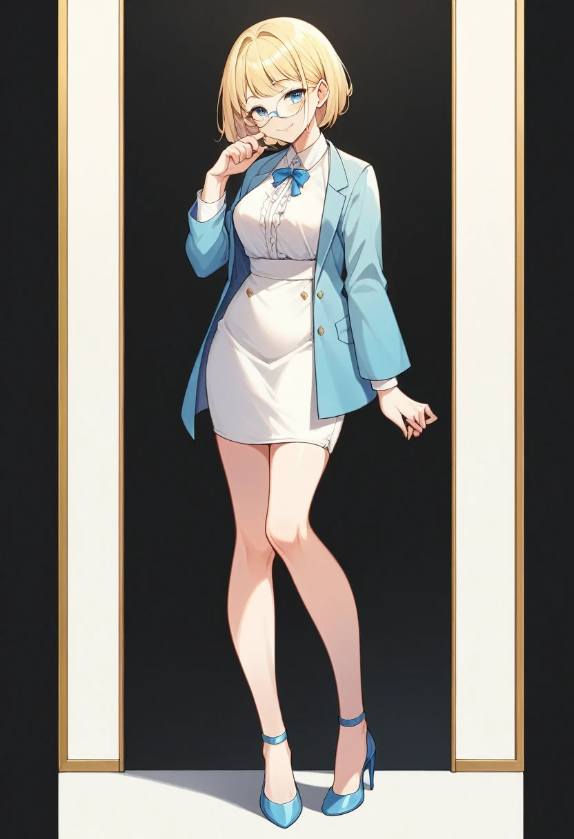 beautiful woman, beautiful face, solo, full body, standing, medium bob cut blonde hair, light blue eyes, two points glasses, medium breasts, blue opened short jacket, white blouse, white pleats Slightly longer skirt, (calf of legs), blue high heels, soft smile, (pinch one's her glasses), perfect hands and perfect fingers, temptation pose, black background, no background, pastel 2d art, matte painting, anime, masterpiece