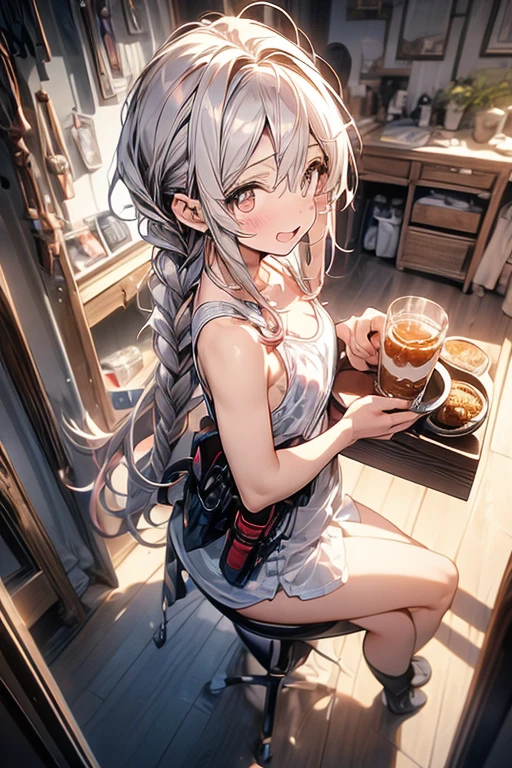 (small breasts:1.2), (perky chest:1.2), (pointed chest:1.2), (Pudding cake magazine cover:1.3),(from above:1.0),(shoot from the side:1.1),masterpiece, 1girl, Amazing Cleavage:1.1, thin waist, optimum,tmasterpiece,hight resolution,best qualtiy,hyper HD,super detailing,awardwinning,a 18yo cute girl,(The upper part of the body),anatomy correct,Beautiful Black miniskirt,garters,Gaze,Small face,bangss,holster,Beautuful Women,hands up,leg holster,Gaze,black boots,Cowboy Shot,cute face,a blond,Longhaire,Twin-tailed,Braids, Hairline,(scarlet eyes),long eyelasher,Hanging eye corners,White skin of the, ((see through camisole:1.0)), ((Sheer nipples:0.1)),Rocket Tits,(Slim body),smile,seductive weak smiling,(with sparkling eyes and a contagious smile),little open mouth, Looking at Viewer,