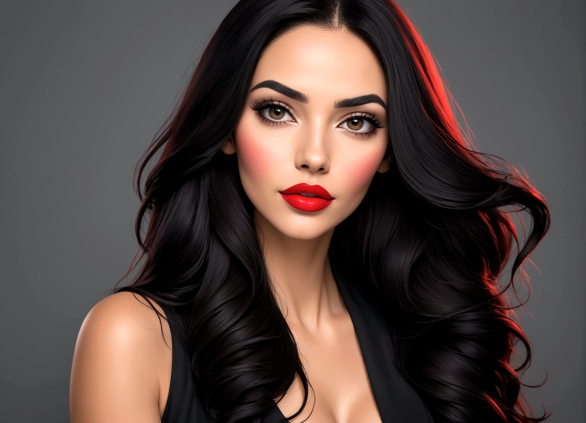 arafed woman with long hair and Red lipstick posing for a picture, Catarina, imagem de perfil, Red lips, foto profissional, mulher de 30 anos, Mulher de 3 0 anos, lobo angie, foto de jessica devic, foto de perfil profissional, moleksandra shchaslyva, com cabelo preto liso