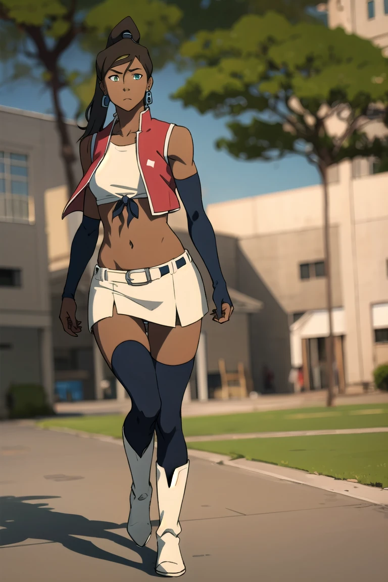 avatarkorra, korra, long hair, black hair, ponytail, dark skin, dark-skinned female, topknot, BREAK , BREAK looking at viewer, BREAK outdoors, BREAK (masterpiece:1.2), best quality, high resolution, unity 8k wallpaper, (illustration:0.8), (beautiful detailed eyes:1.6), extremely detailed face,  , (perfect hands, perfect anatomy), in full growth,the city in the background,(micro skirt:1.4),(shorts, midriff, short shorts, navel, white shorts, tied shirt, front-tie top, crop top, boots, belt, cheerleader, vest, earrings, jewelry, gloves, white footwear, medium tits,thongs,stockings:1.2),heels, muscular,egs spread