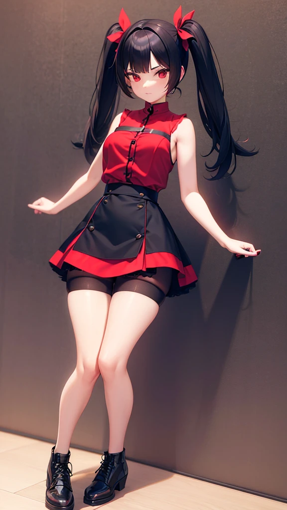 girl in a short skirt in knee-length stockings, red-black hair,Twin Tail, full height, 3D wallpaper.