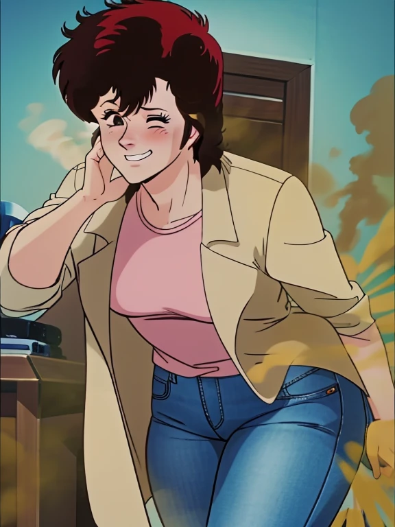 HD, high quality, high resolution, ultrahd,Kaori Makimura, 1female, wearing default outfit, light pink shirt, white coat, wearing coat over tshirt, jeans, default hair, brown hair, very tall body, thin body, massive fart, yellow smoke, velocity, one eye closed, one eye opened, blush, leaning, bending over, embarrassed, smiling, clenching teeth, alone in a room, beautiful lighting, highlights