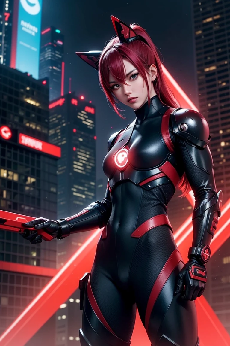 Make an image of a cyborg ninja warrior in a futuristic urban jungle, using a vibrant color palette of reds and purples