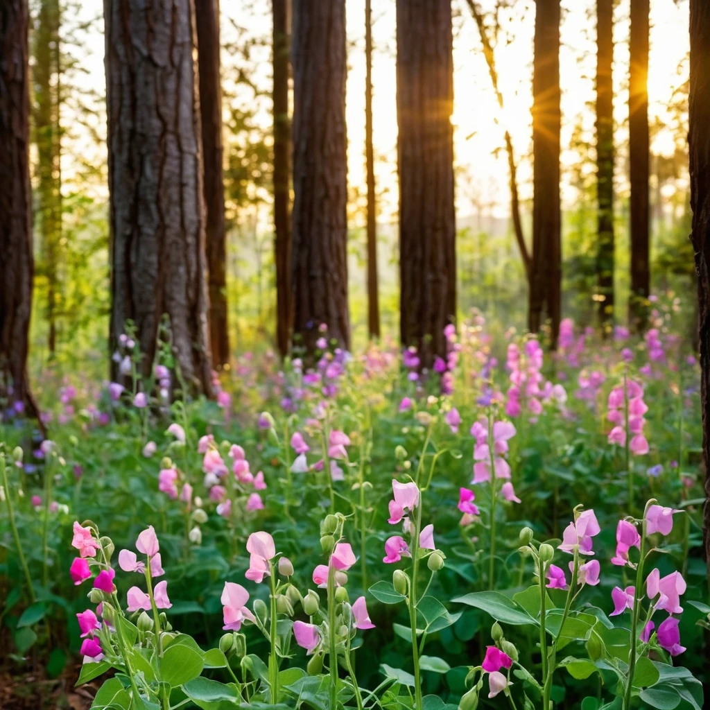 Sweet pea flowers in the forest with some big trees and golden light