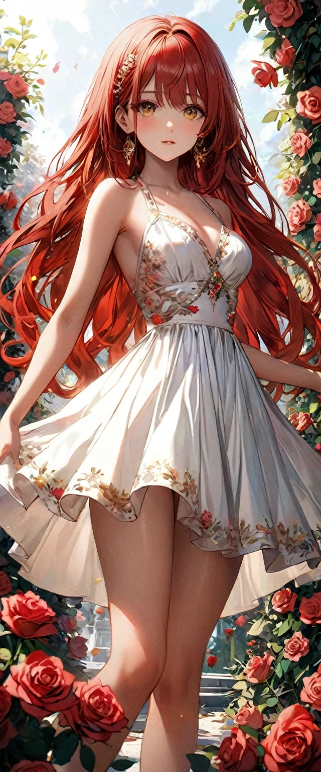 A detailed female anime babe , detailed long ((red hair)) with ((golden eyes)) in a angular cinematic scene having a unique pose with detailed vibrant color , high graphics , (clear clarification) wearing a sexy white dress (wiith a physically fit body) in a detailed full background of a (floral garden filled with different color rose) using high intensity coloration , unreal engine , high definition in 32k resolution using super fine quality linings