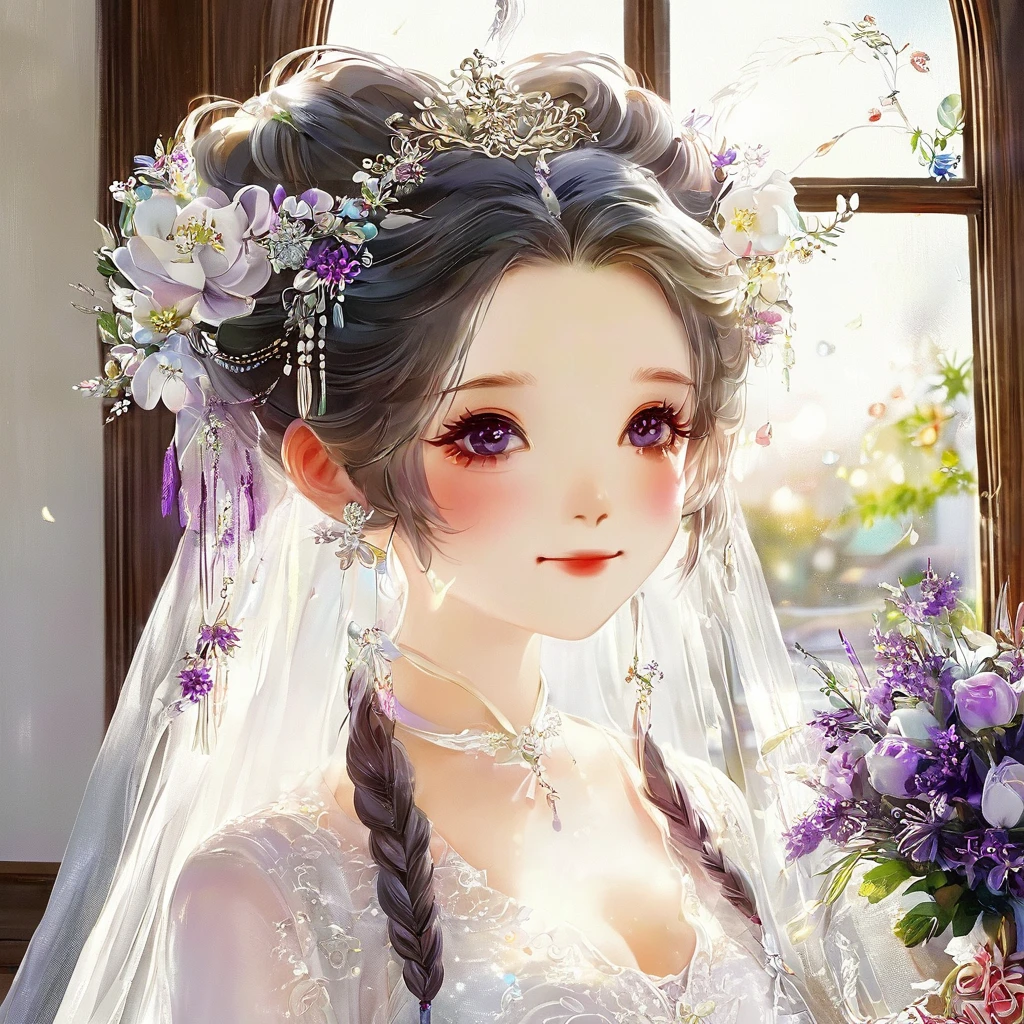 Highest quality,(masterpiece:1.3),白いWedding dressを着て,Standing in front of the church window,Sunlight streaming through the window,1.75 meters tall,smile,close,(Small breasts),(白いflower束を手に),((Wedding dress)) Emilia,Braiding,crown Braiding,flower,hair flower,hair ornaments,Hair Ribbon,Long Hair,Pointed Ears,(Purple eyes:1.2),Gray Hair,x hair ornaments,