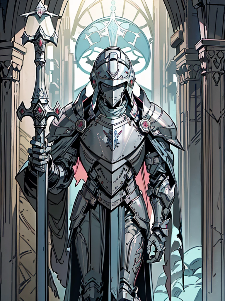 (Flat color:1.1),(Colorful:1.3),(Masterpiece:1.2), tarot: healer, Best quality, Masterpiece, Original, 1 male, ((metal helmet)), pale blue cape, pink and blue light, silver skin, stern, ((wide brim hat on top of helmet)), ((cleric robes)), (holding war mace), Full body photo of men，((gray armor)), Very detailed wallpaper, Solo，(underwater scenery)，tarot card layout，Best quality, Masterpiece, (Realistic:0.6), Realistic lighting, Flower frame， Decorative panels， abstract artistic， Alphonse Mucha （masterpiece， best quality， A high resolution： 1.4）， A detailed， Complicated details， 4K，cerulean， Line art， Fibonacci, cape, bald, stone, expressionless, robotic, 