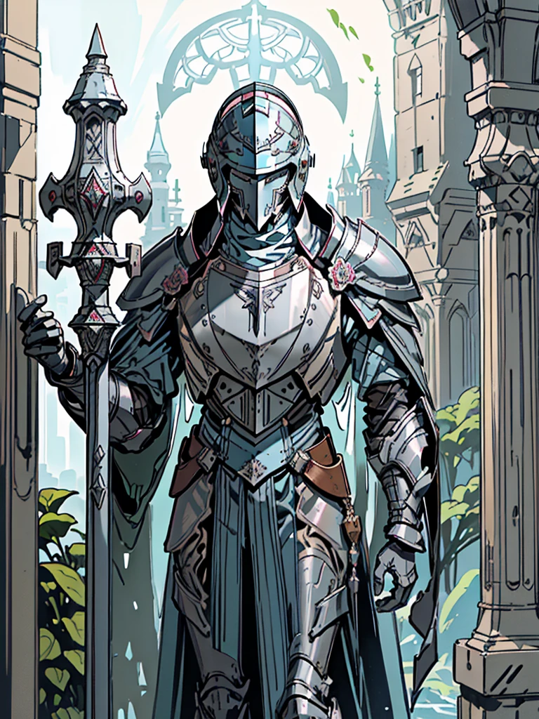 (Flat color:1.1),(Colorful:1.3),(Masterpiece:1.2), tarot: healer, Best quality, Masterpiece, Original, 1 male, ((metal helmet)), pale blue cape, pink and blue light, silver skin, stern, ((wide brim hat on top of helmet)), ((cleric robes)), (holding war mace), Full body photo of men，((gray armor)), Very detailed wallpaper, Solo，(underwater scenery)，tarot card layout，Best quality, Masterpiece, (Realistic:0.6), Realistic lighting, Flower frame， Decorative panels， abstract artistic， Alphonse Mucha （masterpiece， best quality， A high resolution： 1.4）， A detailed， Complicated details， 4K，cerulean， Line art， Fibonacci, cape, bald, stone, expressionless, robotic, 