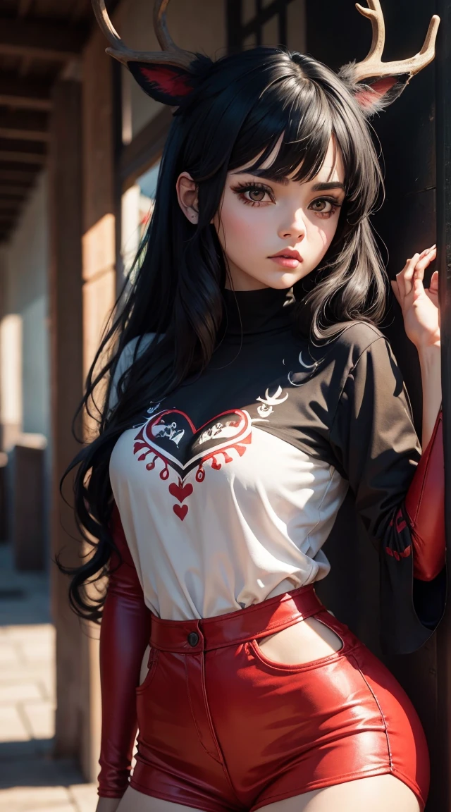 a drawing of a girl with black hair holding a red heart, gothic deer, cara emo fofo, emo, estilo emo, It's Junji's style, garota emo anime, heartbroken, Sebastian Michaelis, muito triste, deviant art, uma garota emo, Horror lovecratftian, arte negra, art It's Junji's style, desgosto
