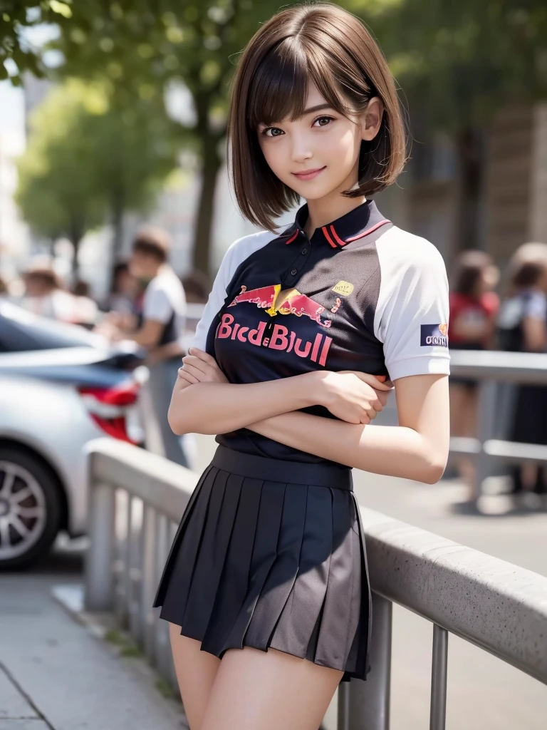 (8K, RAW Photos, Highest quality, masterpiece:1.2), (Realistic, photo-Realistic:1.4), (Highly detailed 8K wallpapers), ((Full Body Shot)), (1 girl), Sharp focus, Depth of written boundary, Cinematic lighting, Soft Light, 緻密な美しさのeye, eye_Chan, Very beautiful 17 year old girl, innocent big eyes, Realistic, photo Realistic, Highly detailed cute girl, (Thin thighs), (Model Body Type), 18-year-old, ((Red Bull short sleeve t-shirt)), (Micro Mini Tight Skirt), (((Fold your arms in front of your chest and act arrogantly))), ((A happy smile)), Parted lips, Watching the audience, (On the streets of Boston) , (Brown Hair),（Long Bob Hair), (Asymmetrical bangs)