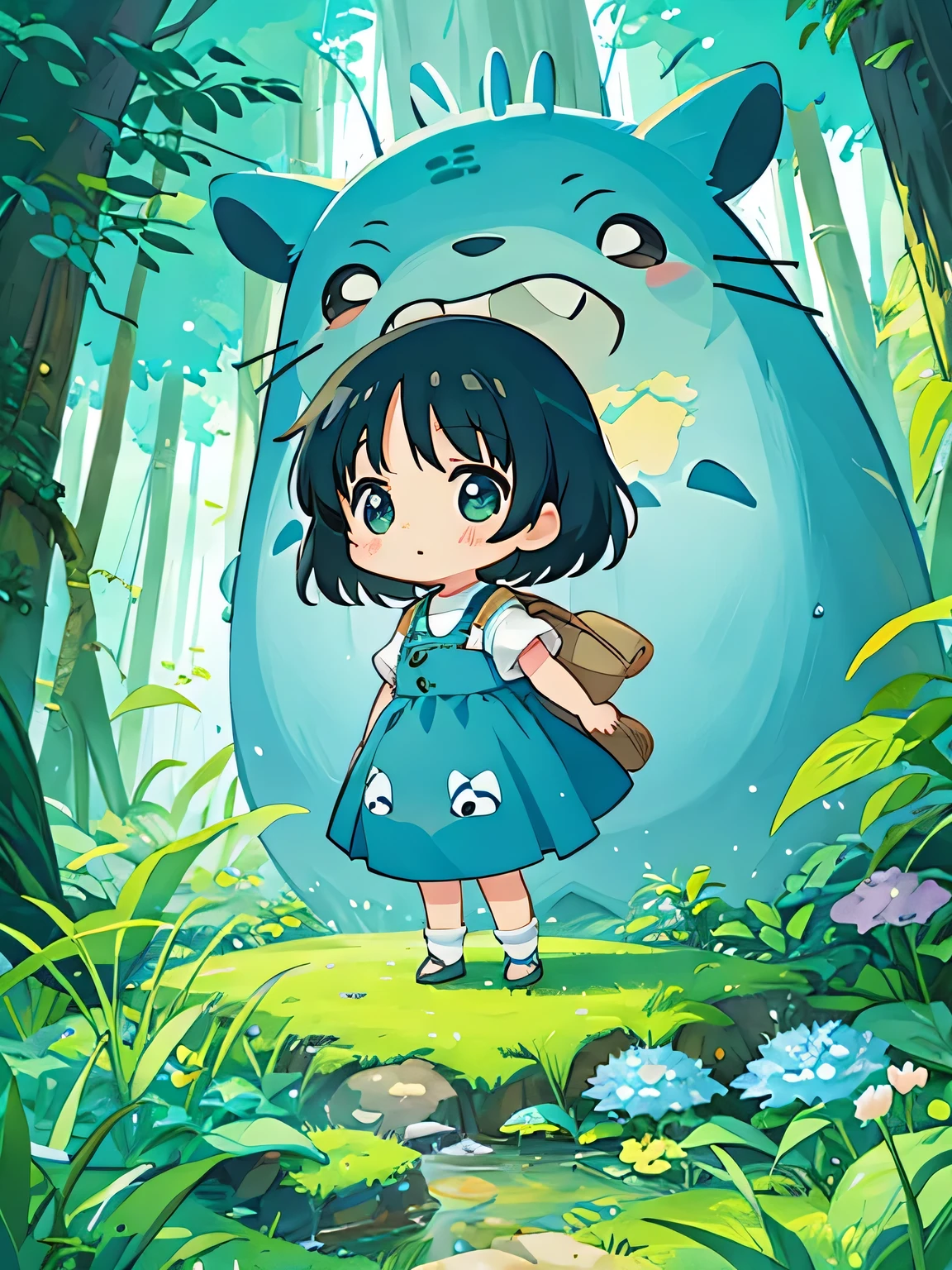 Seizo Watase style、Kawaii Design, most beautiful girl ever、((Chibi)), (((Great adventure)))、Totoro Forest, Blue Earth