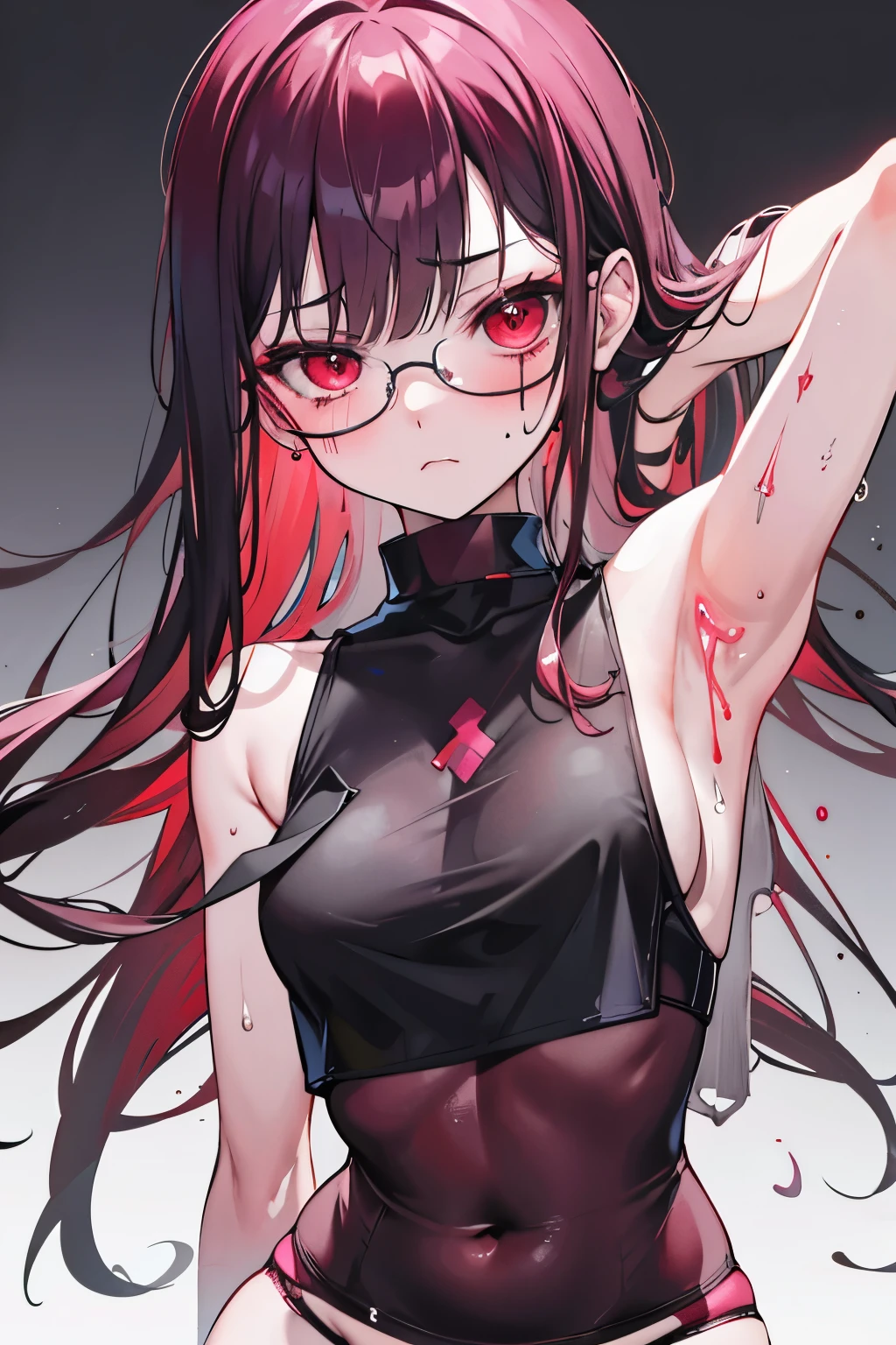 underdressing,Expression of disgust,Expression of disgust,Red Eyes,Sweat,Soaked,liquid,transparent,Cropped tops,succubus,pink,stocking,grid,Glasses,knee