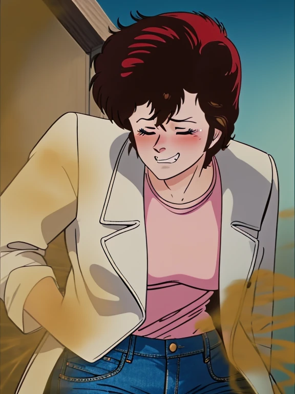 HD, high quality, high resolution, ultrahd,Kaori Makimura, 1female, wearing default outfit, light pink shirt, white coat, wearing coat over tshirt, jeans, default hair, brown hair, very tall body, thin body, massive fart, yellow smoke, velocity, closed eyes, blush, leaning, bending over, embarrassed, smiling, clenching teeth, alone in a room, beautiful lighting, highlights